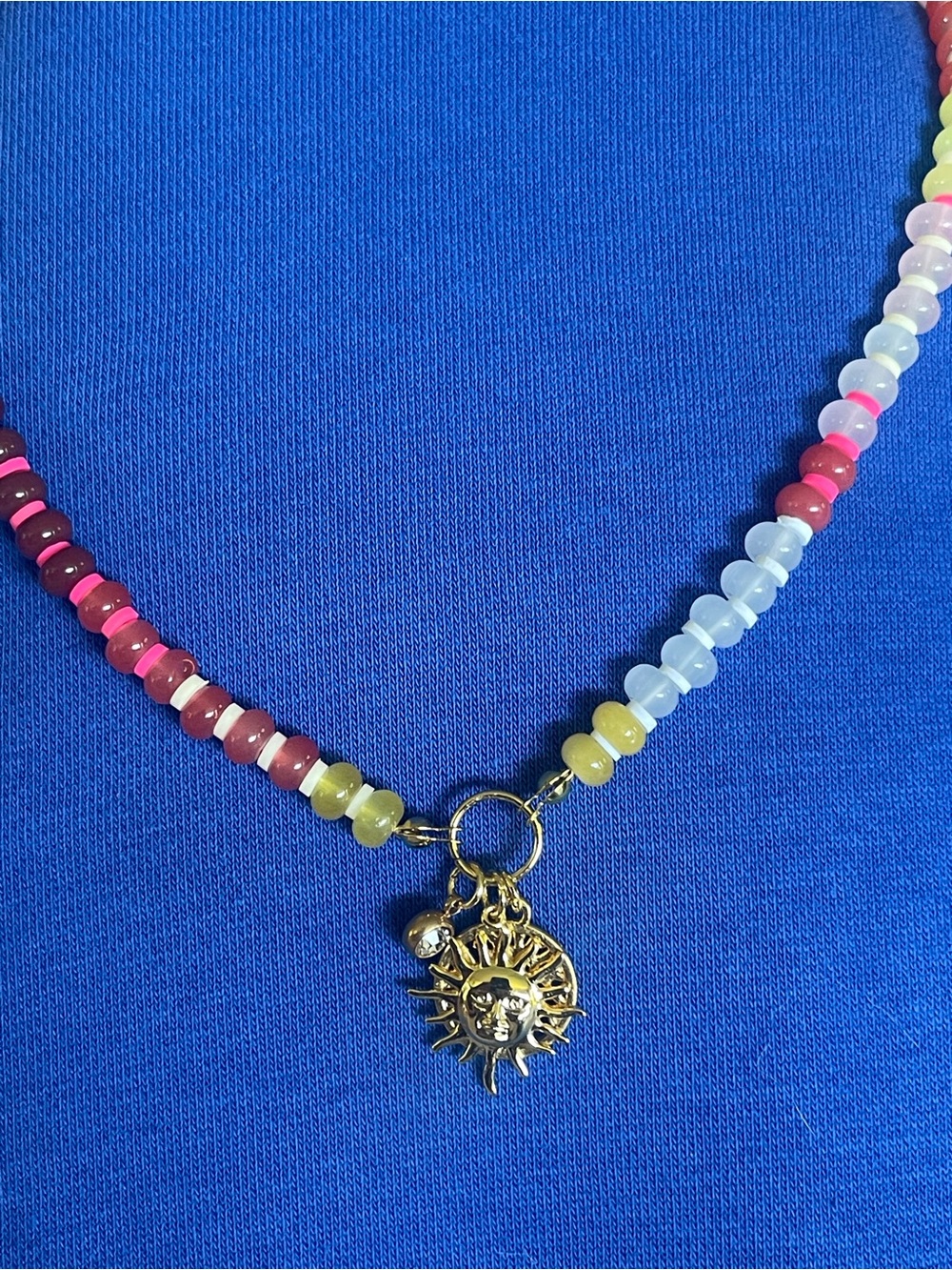 Gold Sun, Tree of Life Charm 
Multicolor Beaded Necklace